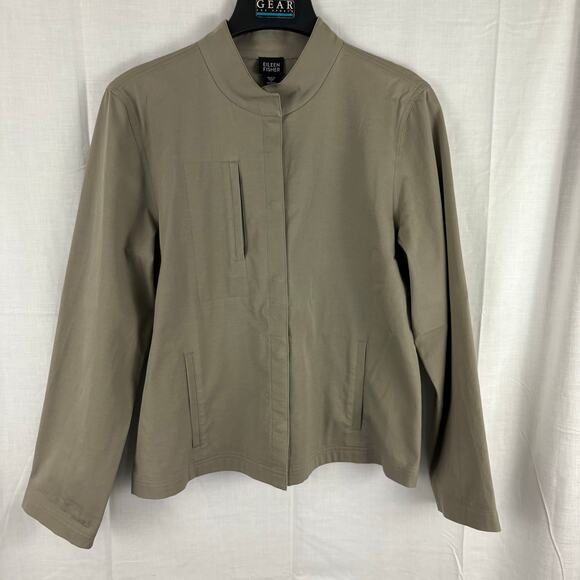 Eileen Fisher Gray Utility Safari Cotton Twill Stretch Snap Up Jacket Size Large - Picture 1 of 7